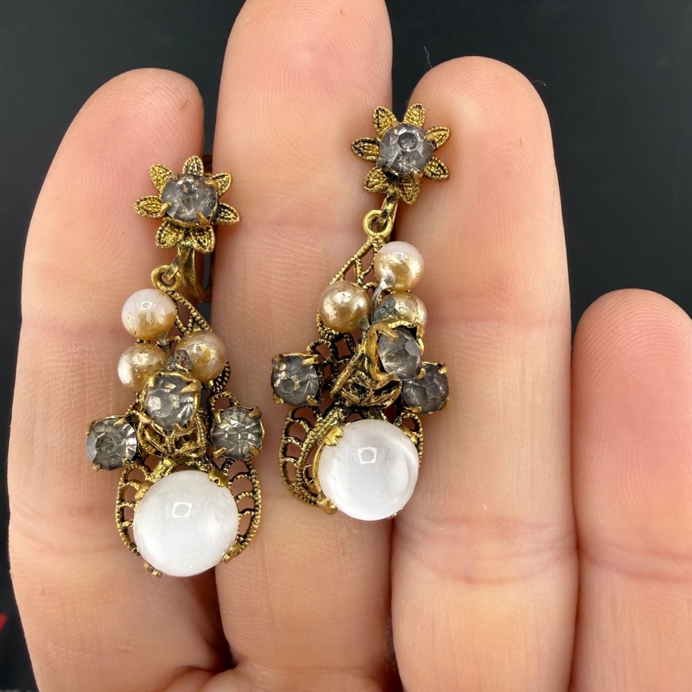 Vintage Czechoslovakia Earrings Gold Tone Smoky Rhinestone Dangle Screw Back